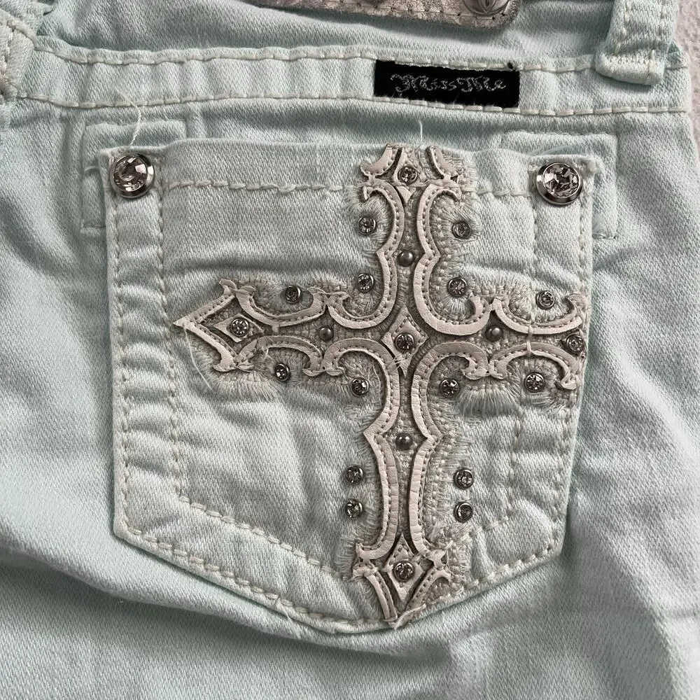 Miss Me Girl Icy Blue JK5633M4 Bermuda Bling Cross Stretch Denim Jean Short 16